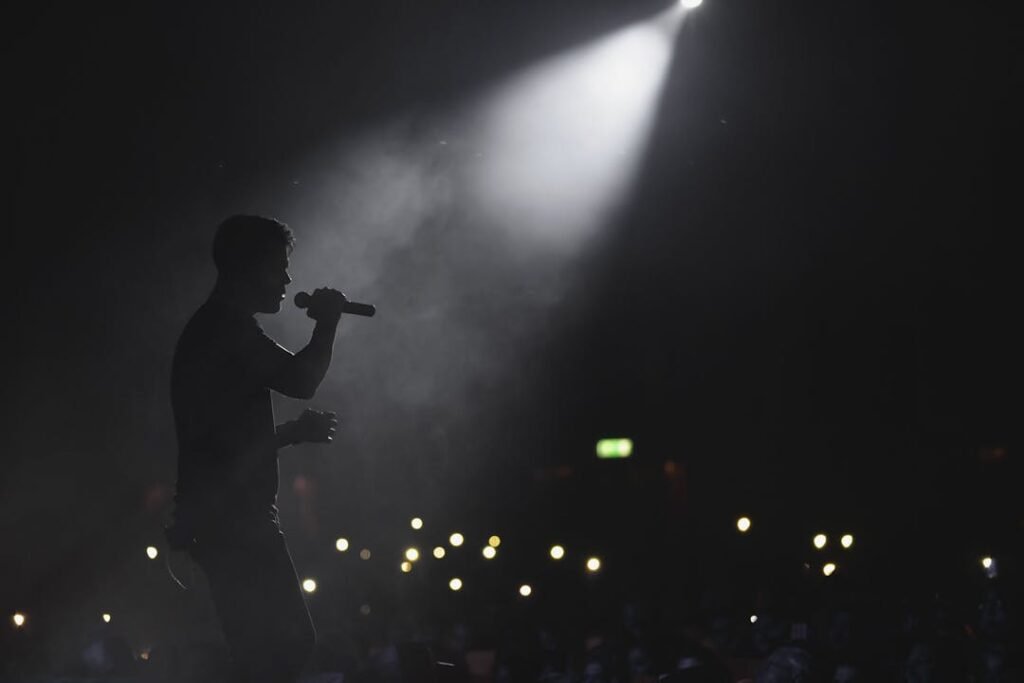 Silhueta de cantor com microfone sob spotlight em palco, plateia ao fundo com luzes