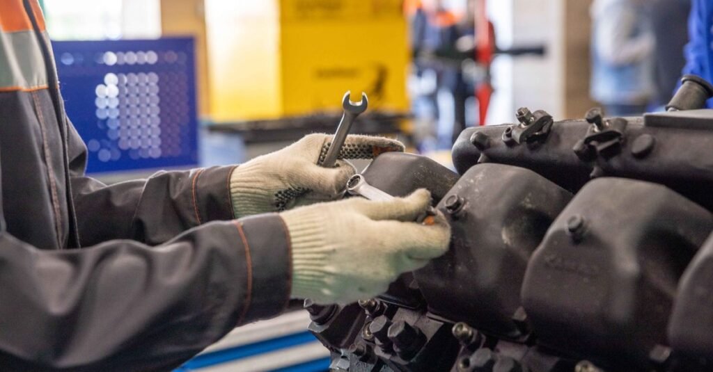 Mecânico com luvas usa chave de boca em motor industrial dentro de oficina