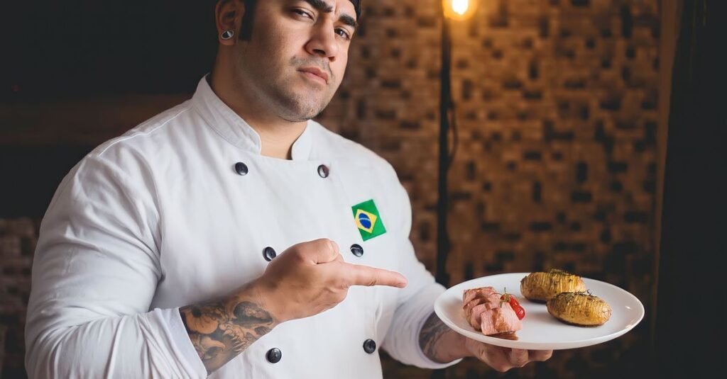 Chef de dólmã branca com bandeira do Brasil apresenta prato com carne e batatas