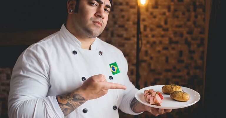 Chef de dólmã branca com bandeira do Brasil apresenta prato com carne e batatas