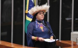 Relatora Sônia Guajajara discursa de cocar no plenário da Câmara dos Deputados