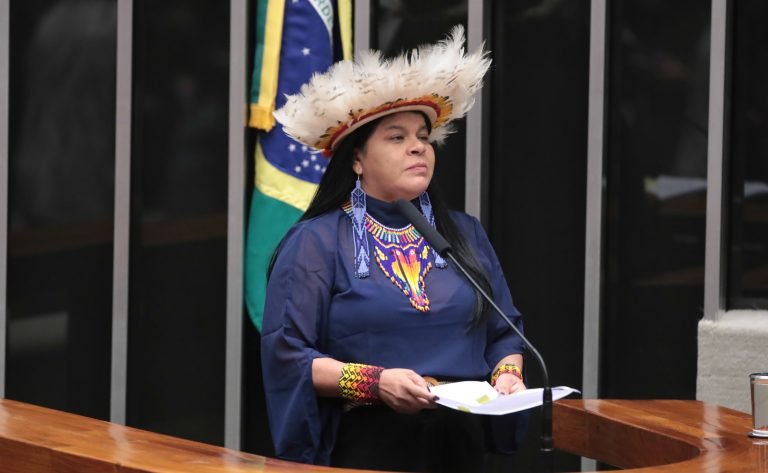 Relatora Sônia Guajajara discursa de cocar no plenário da Câmara dos Deputados