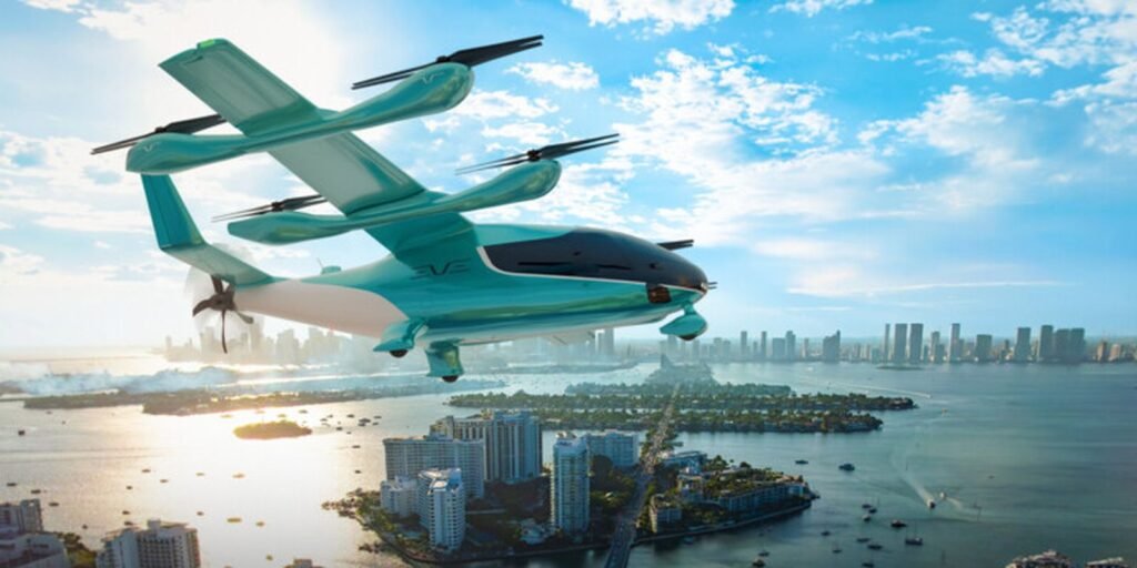 Aeronave elétrica Eve 100, da Eve/Embraer, em voo sobre área urbana em imagem de divulgação