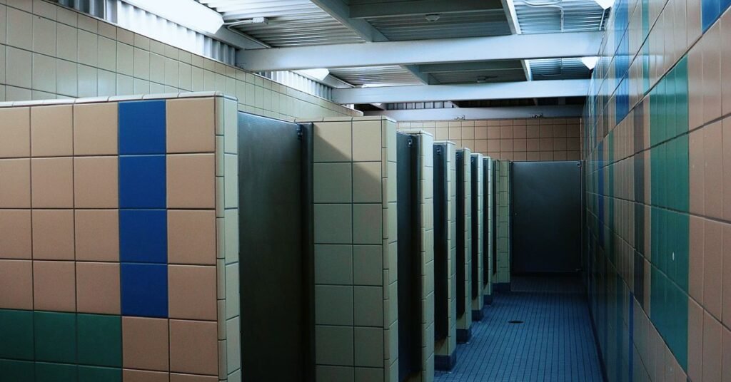Boxes de banheiro publico com paredes azulejadas em tons de bege, verde e azul