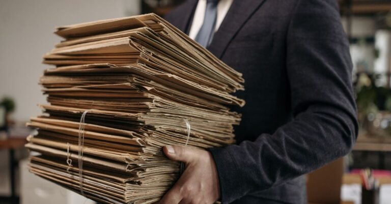 Homem de terno carrega pilha de pastas com documentos em escritório