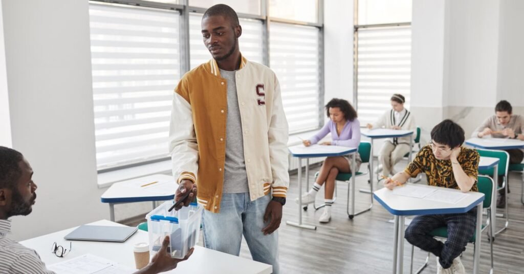 Estudantes sentados em carteiras durante aplicação de prova em sala de aula