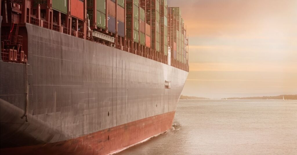 Navio cargueiro carregado de conteineres navega em mar aberto