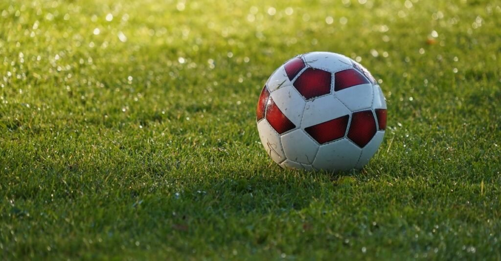 Bola de futebol parada em campo de grama ao amanhecer