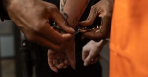 Policial coloca algemas nos punhos de um homem