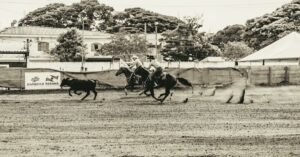 Peoes a cavalo em prova de laco em arena de rodeio de terra batida, imagem ilustrativa