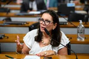 Deputada Bia Kicis fala ao microfone durante reunião de comissão parlamentar