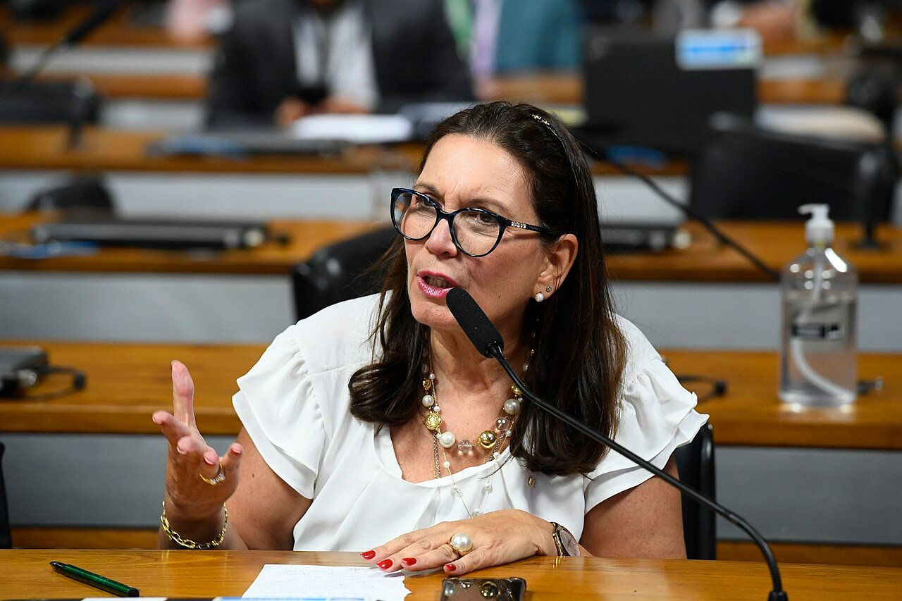Deputada Bia Kicis fala ao microfone durante reunião de comissão parlamentar
