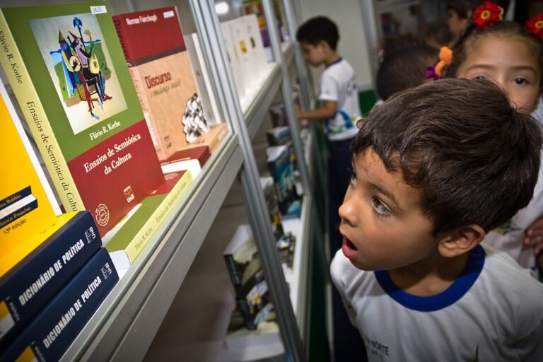Criança observa livros expostos em estande de feira literária em Brasília