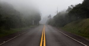 Rodovia de pista simples com faixa amarela dupla e neblina densa sobre a mata nas margens