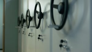 Portas de cofre metálicas com volantes de segurança enfileiradas