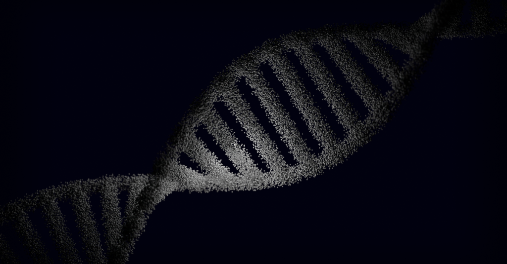 Representação abstrata de uma hélice de DNA sobre fundo escuro