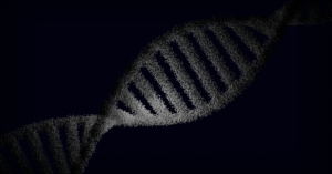 Representação abstrata de uma hélice de DNA sobre fundo escuro