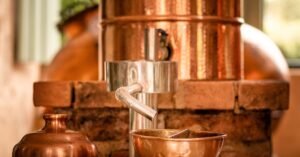 Alambique de cobre em destilaria artesanal, com bica e recipientes de cobre em primeiro plano