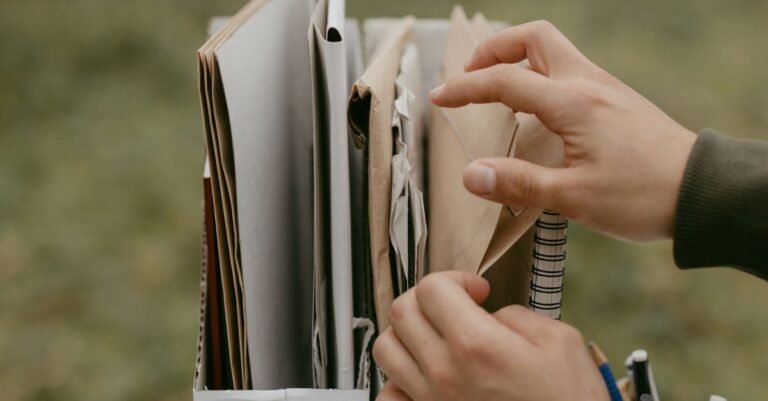 Mãos organizando documentos e envelopes de papel dentro de um arquivo