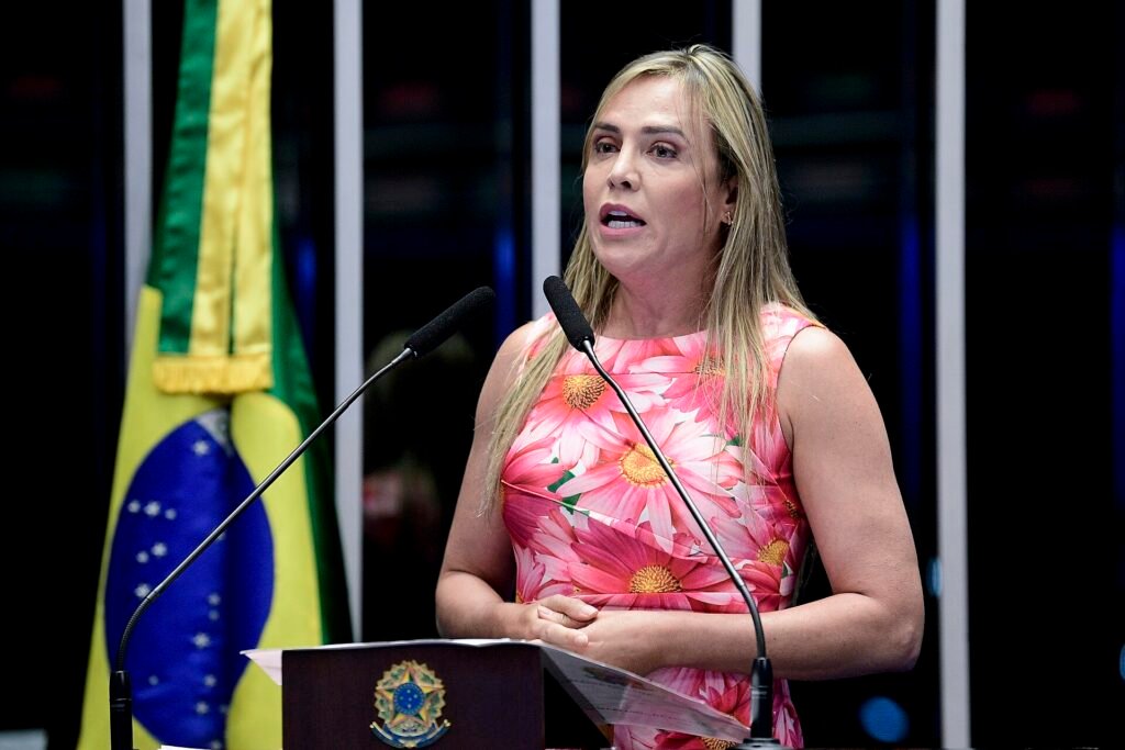 Celina Leão discursa na tribuna, com a bandeira do Brasil ao fundo