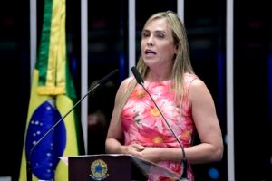 Celina Leão discursa na tribuna, com a bandeira do Brasil ao fundo