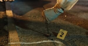 Perito com luvas recolhe uma cápsula deflagrada do asfalto ao lado de um marcador numérico amarelo em cena de crime à noite