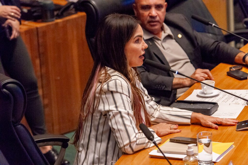Deputada distrital fala ao microfone durante sessão no plenário da Câmara Legislativa do Distrito Federal