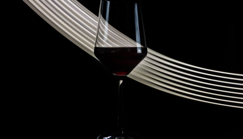 Taça de vinho tinto sobre fundo escuro com faixa de luz