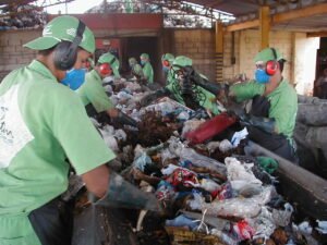 Trabalhadores fazem triagem de material reciclável em esteira