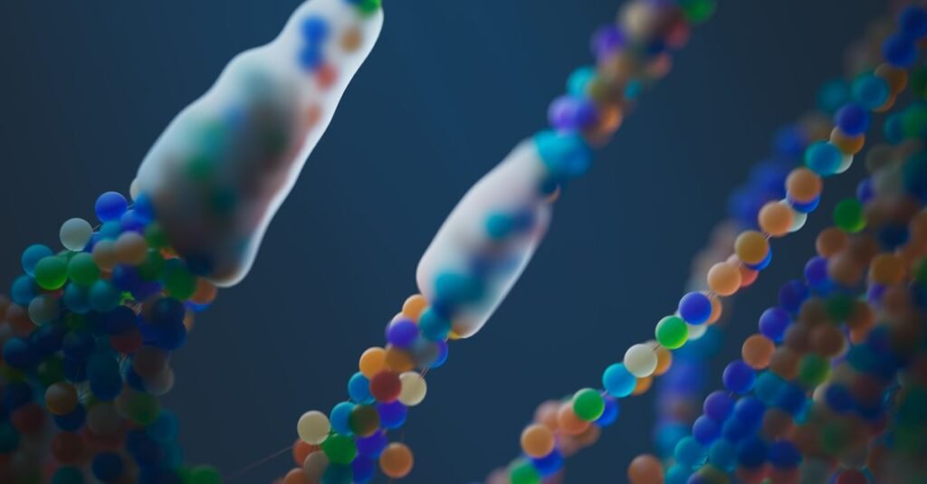 Representação abstrata de fitas de DNA em fundo azul, ilustrando análise genômica