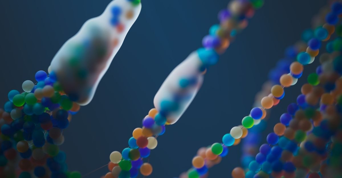 Representação abstrata de fitas de DNA em fundo azul, ilustrando análise genômica