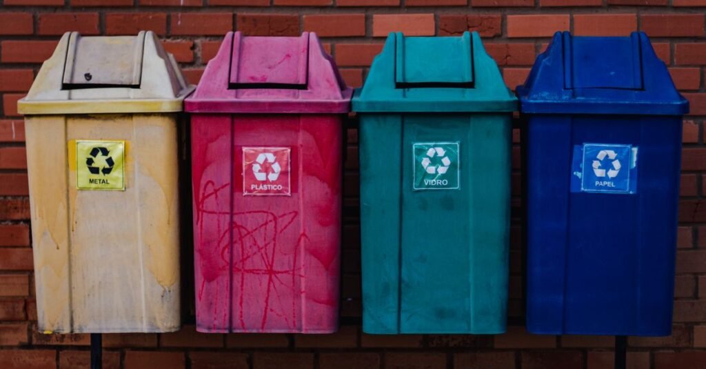 Quatro lixeiras de coleta seletiva identificadas como metal, plástico, vidro e papel, encostadas em muro de tijolos