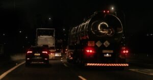 Veículos de carga trafegam em rodovia à noite, iluminados pelas lanternas traseiras