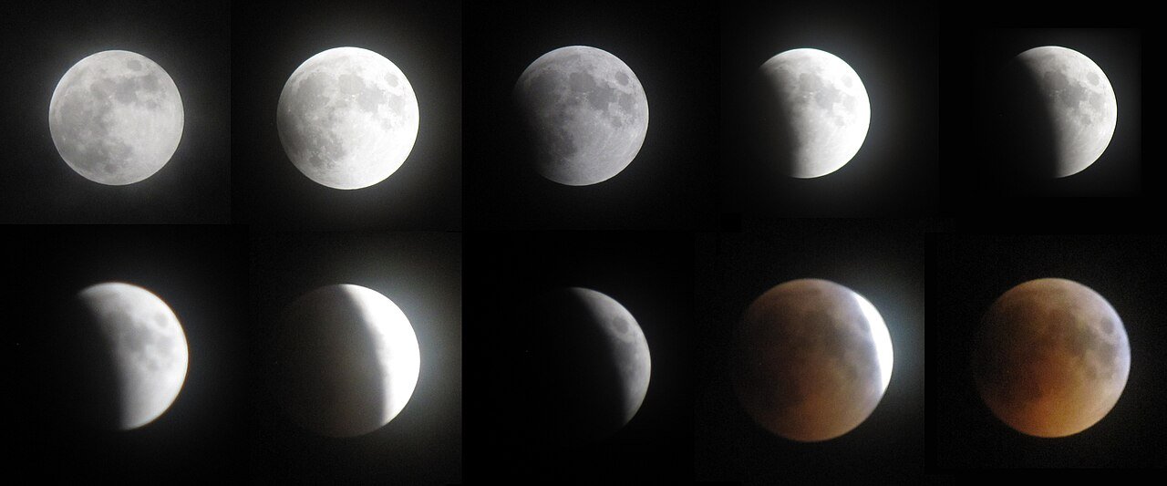 Sequência de fases de um eclipse lunar parcial, com a sombra da Terra avançando sobre o disco da Lua