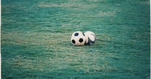 Duas bolas de futebol paradas sobre a grama de um campo em final de tarde