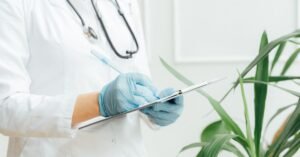 Profissional de saúde de jaleco branco, com estetoscópio no pescoço e luvas azuis, anota informações em uma prancheta