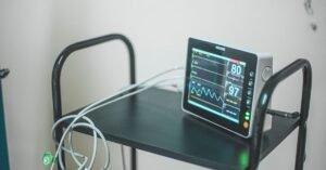 Monitor multiparametrico ligado ao lado de um leito hospitalar