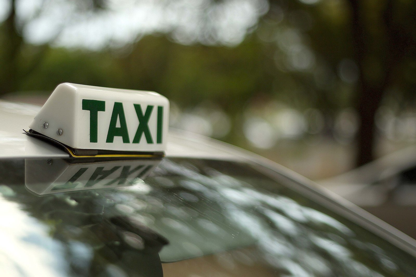 Luminoso de táxi branco e verde no teto de um carro, com árvores desfocadas ao fundo