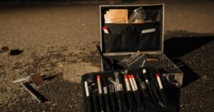 Maleta de perícia criminal aberta no asfalto durante trabalho noturno em local de crime