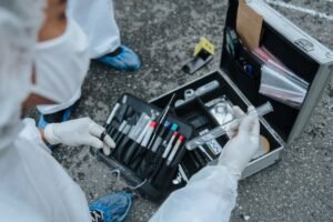 Perito de macacão branco e luvas manuseia tubo de ensaio ao lado de maleta de perícia criminal aberta no chão