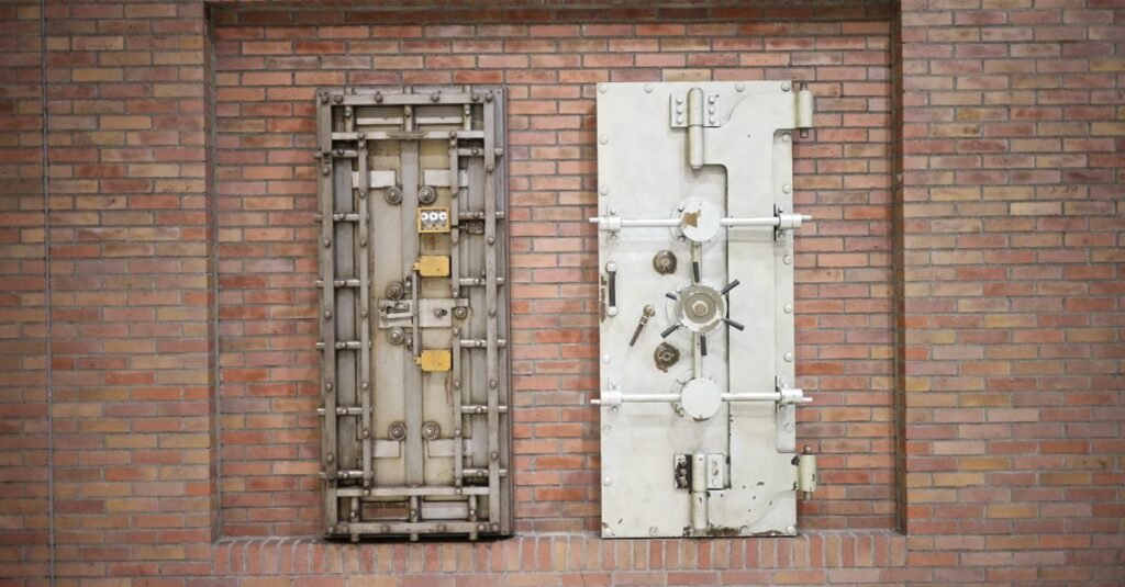 Duas portas de cofre de aço embutidas em uma parede de tijolos aparentes