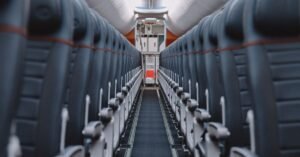 Corredor central de uma cabine de avião comercial vazia, com fileiras de poltronas dos dois lados