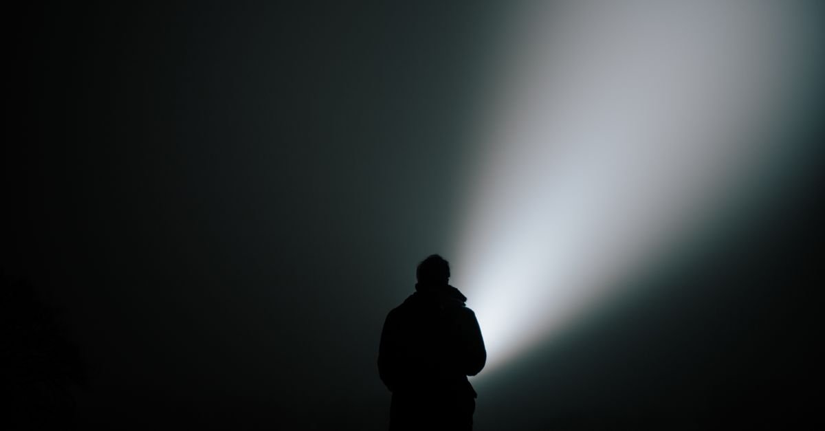 Silhueta de uma pessoa em meio à neblina, iluminada pelo facho de uma lanterna durante busca noturna