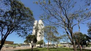 Torre do edifício principal do Congresso Nacional, em Brasília, vista entre árvores