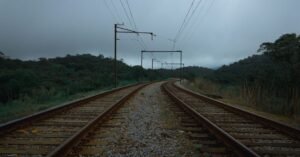 Trilhos de ferrovia eletrificada em curva, cercados por vegetação, sob céu nublado