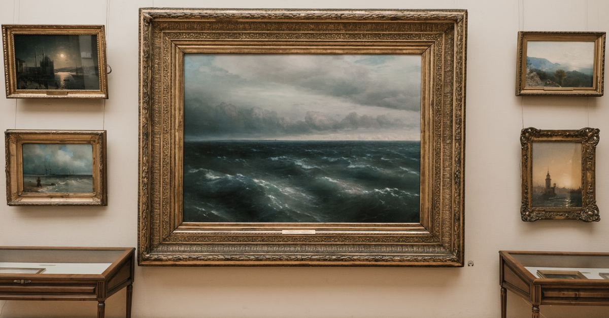 Obras emolduradas expostas na parede de uma galeria de arte