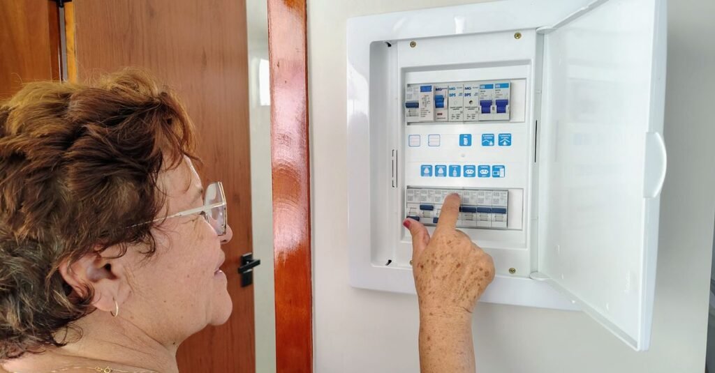 Mulher aciona disjuntor em quadro de energia residencial