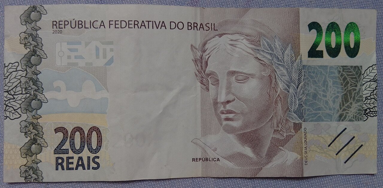 Cedula de 200 reais da Republica Federativa do Brasil sobre superficie clara