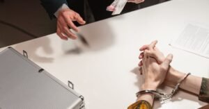 Maos algemadas sobre uma mesa branca durante interrogatorio, com documento ao lado