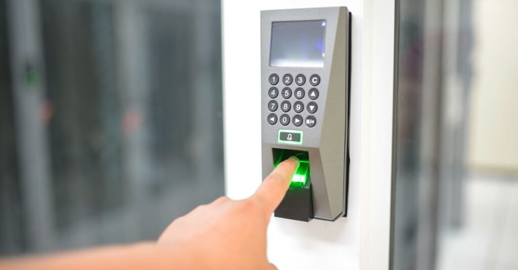 Dedo pressiona o leitor biometrico de um equipamento de identificacao por impressao digital